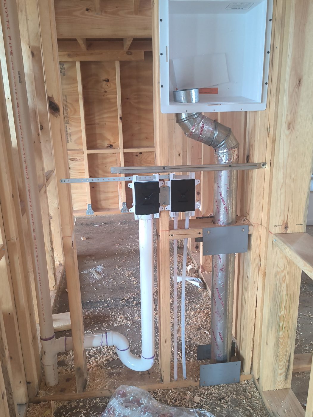 Washer drain box rough-in, capped to prevent sewer odor during construction